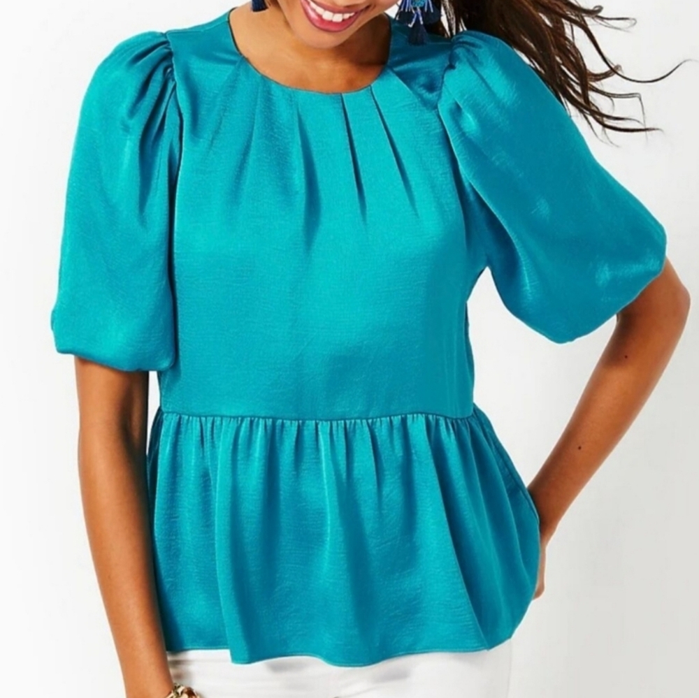 Nwt Lilly Pulitzer Blakelynn Blue Rhapsody Puff Sleeve Blouse Peplum Top 2